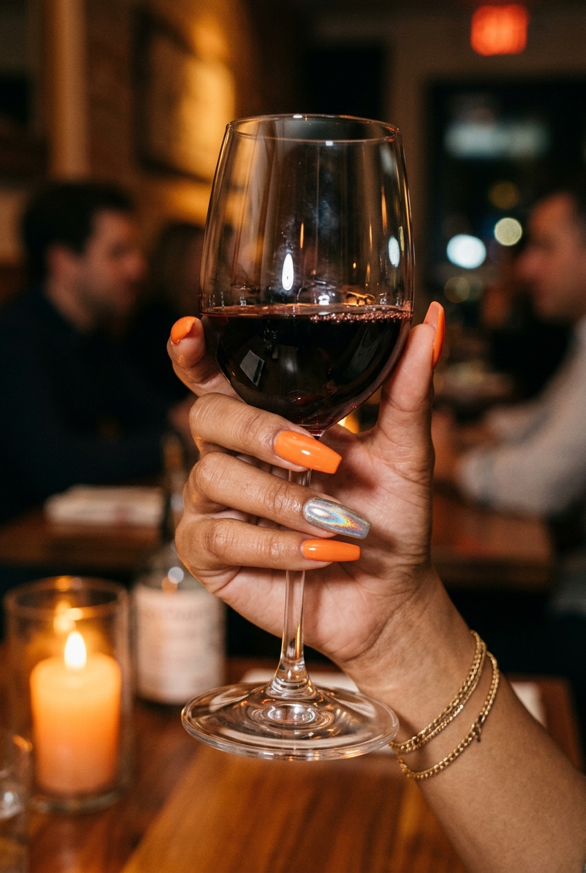 Bold coral chrome accent nails for vacation parties. Summer nail manicure ideas 2026.