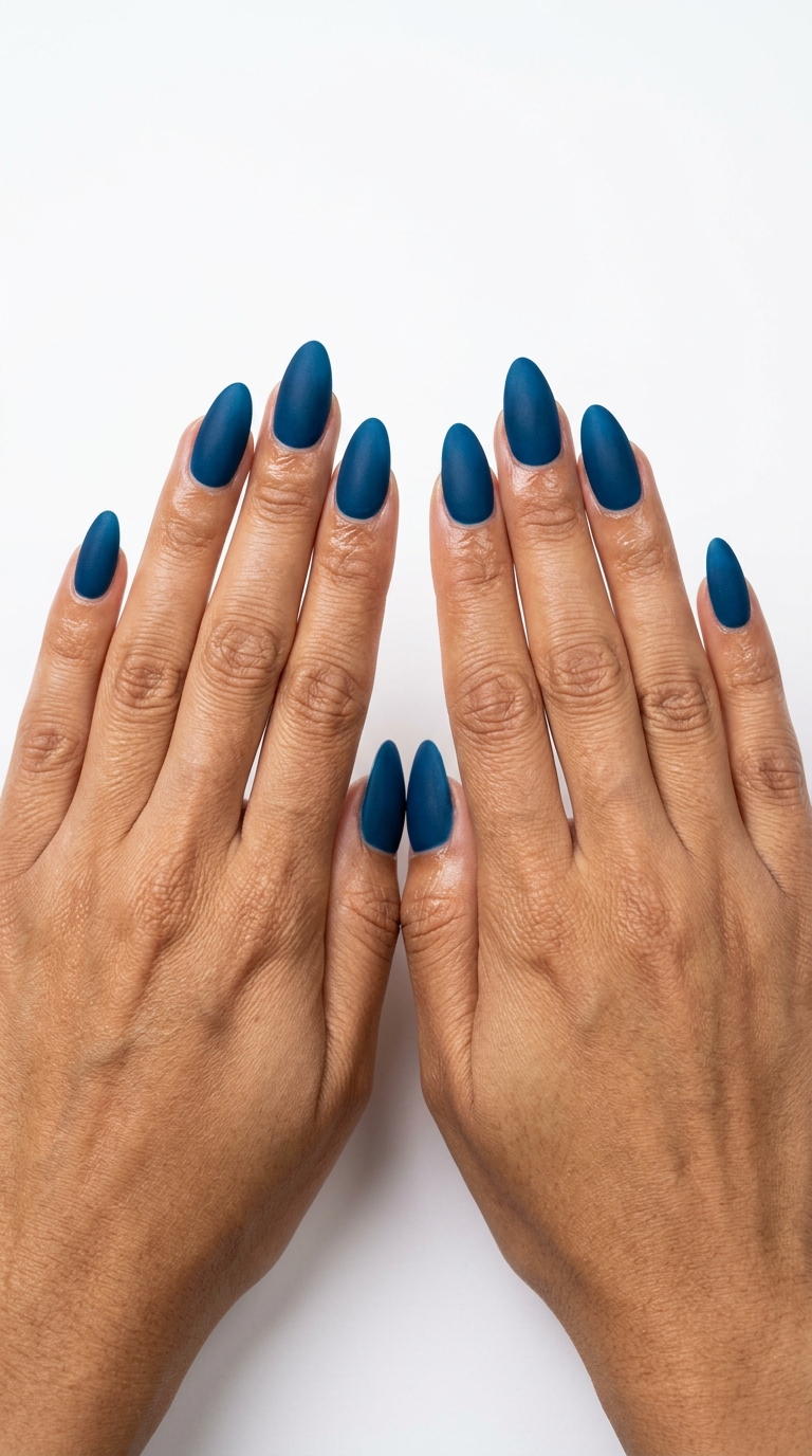 Sophisticated deep ocean blue velvet matte nails for evening events and date nights. Summer nail manicure ideas 2026.