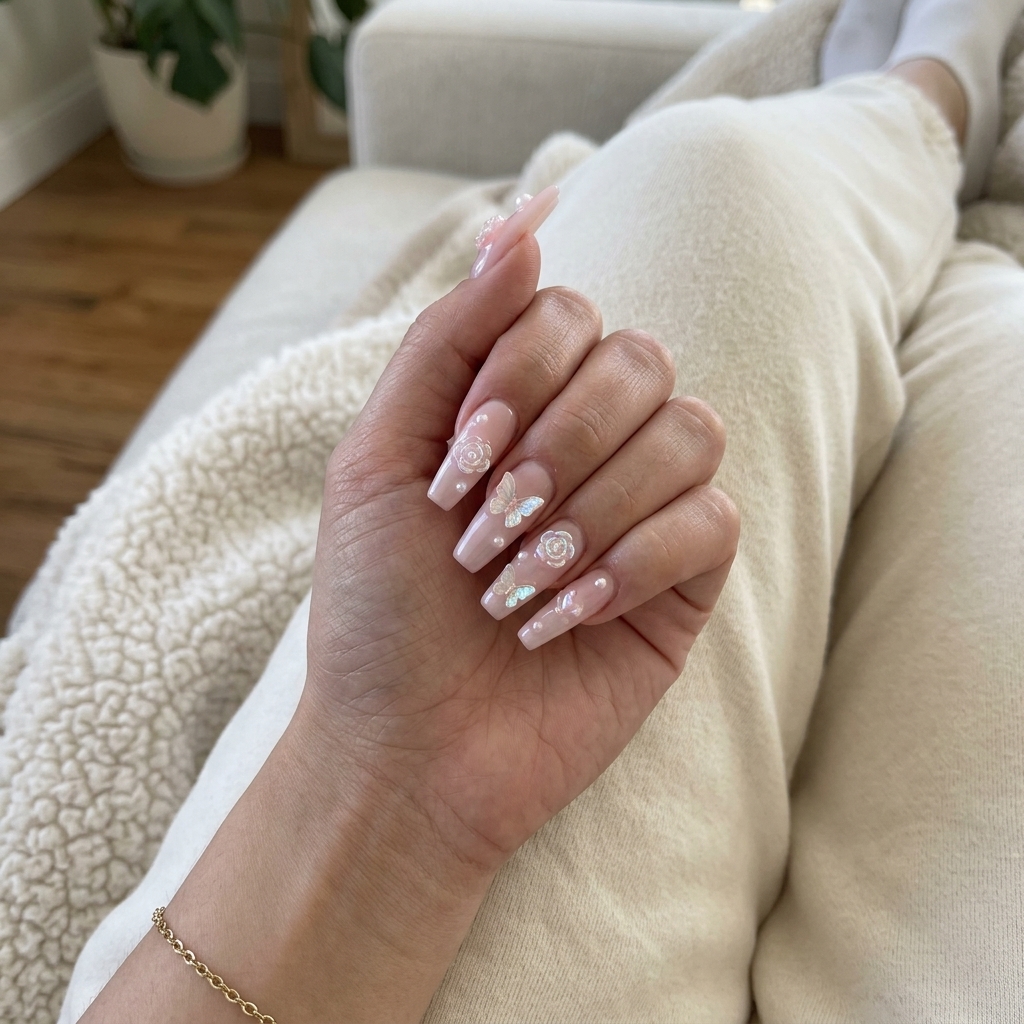 Milky Pink Charm Garden nails for summer 2026: whimsical, romantic festival or casual fun manicure.