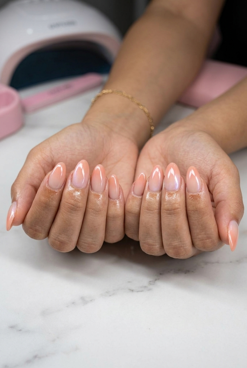 Peach Fuzz Aura Gradient nails for summer 2026: romantic, ethereal bridal shower or date night manicure.