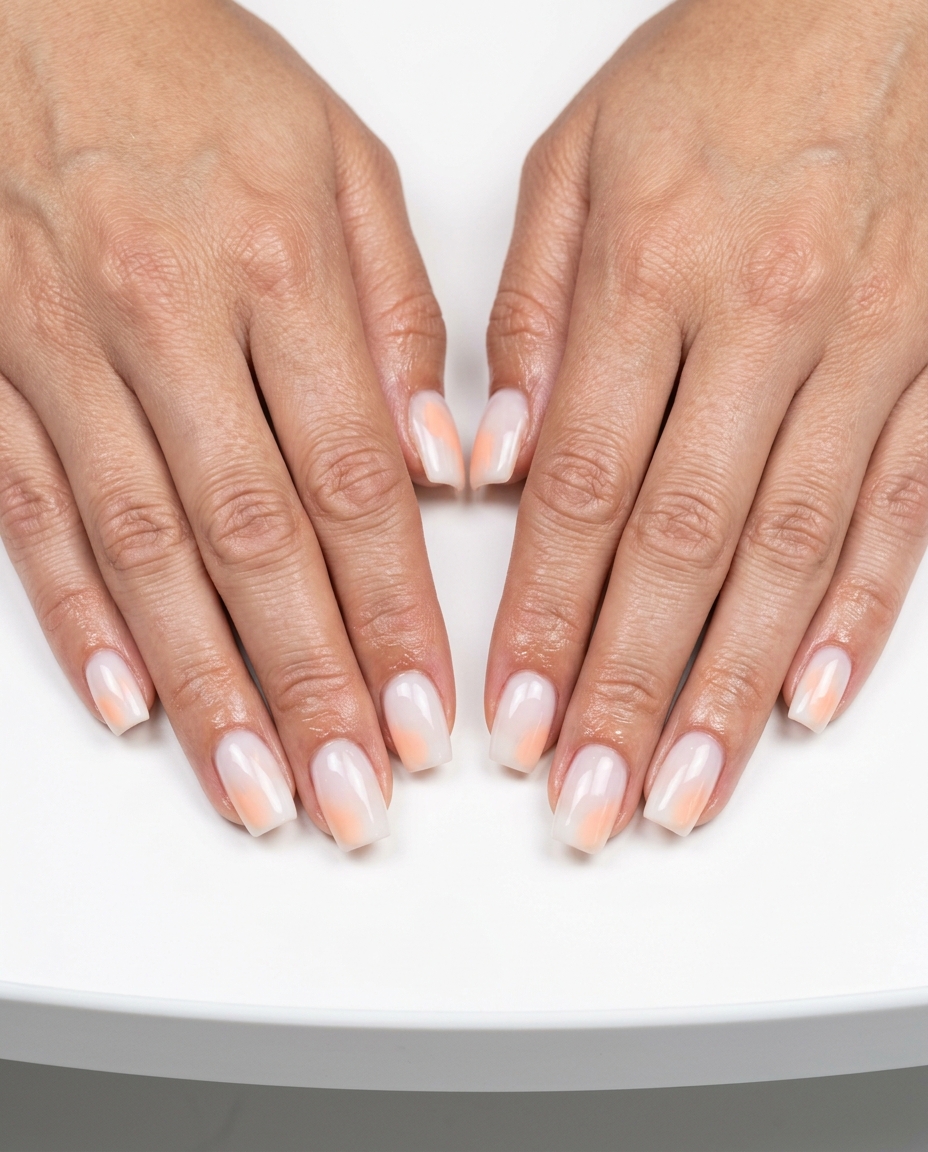 Chic peach fuzz negative space nails for casual summer brunch. Summer nail manicure ideas 2026.