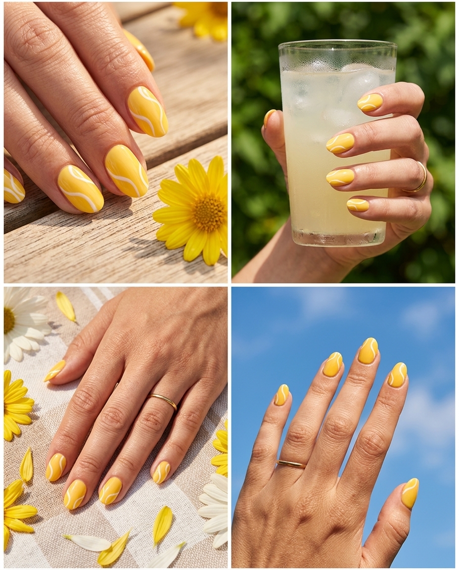 Retro Yellow Swirl Summer nails for 2026: playful, artistic, and fun casual outing or festival manicure.