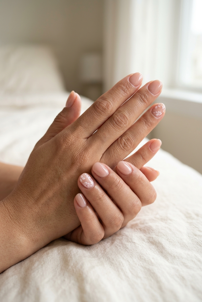 Sheer Nude with Micro Floral Accents for summer 2026: elegant, delicate wedding guest or date night manicure.