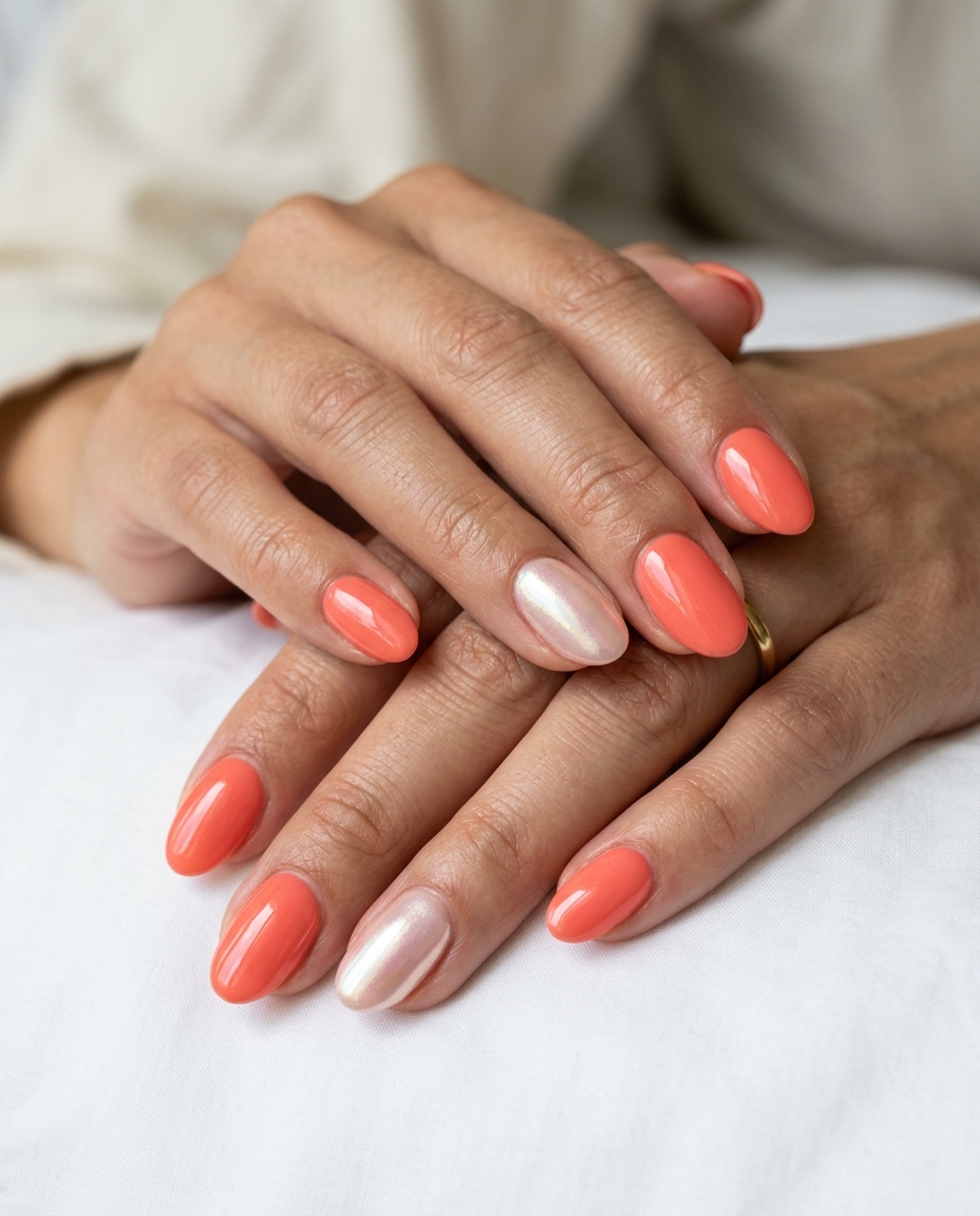 Vibrant Coral Glazed Donut Accents for summer 2026: playful, radiant vacation or festival manicure.