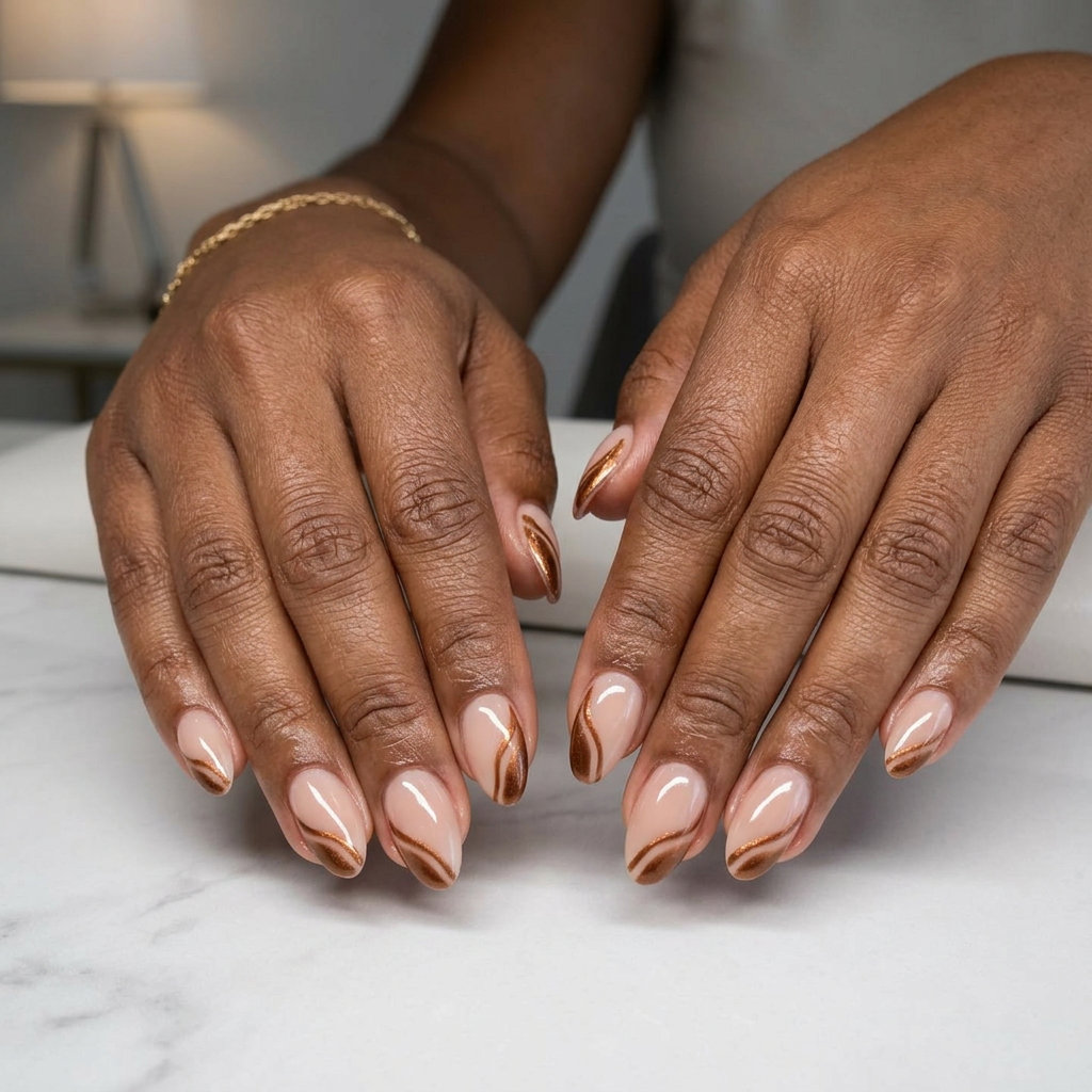 Bronze Abstract Sunburst Nails 2026 Bronze abstract sunburst coffin nails for summer nails for brown skin tone 2026. Ideal for date nights.