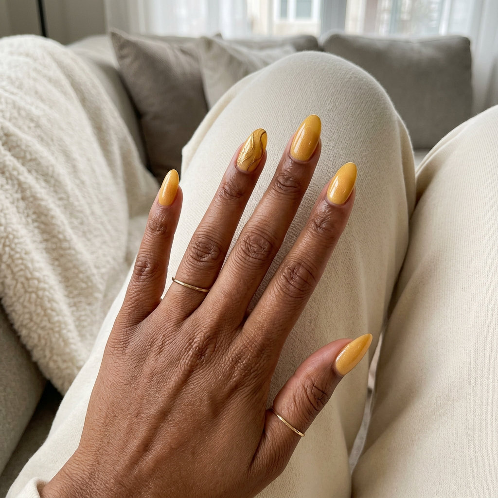 Goldenrod Summer Swirl Nails 2026 Goldenrod yellow coffin nails with gold swirls for summer nails for brown skin tone 2026. Great for festivals.