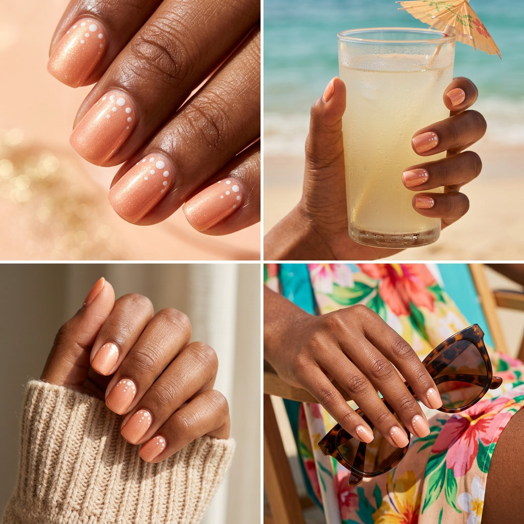 Peach Polka Dot Sparkle Nails 2026 Playful shimmering peach polka dot sparkle nails for casual summer brunch, 2026.