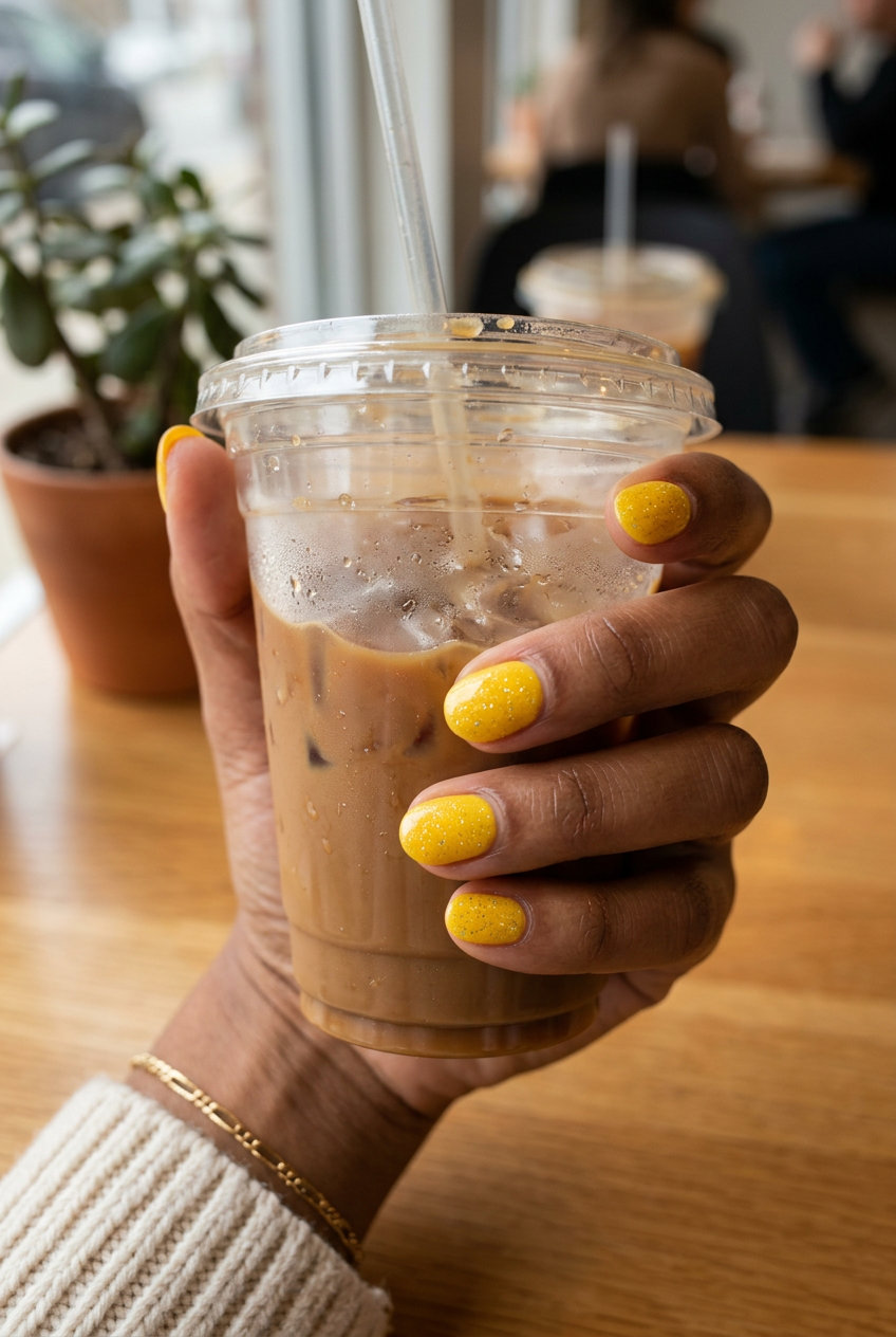 Sunshine Glitter Burst Nails 2026 Cheerful bright yellow sunshine glitter burst nails for festivals and parties, summer 2026.