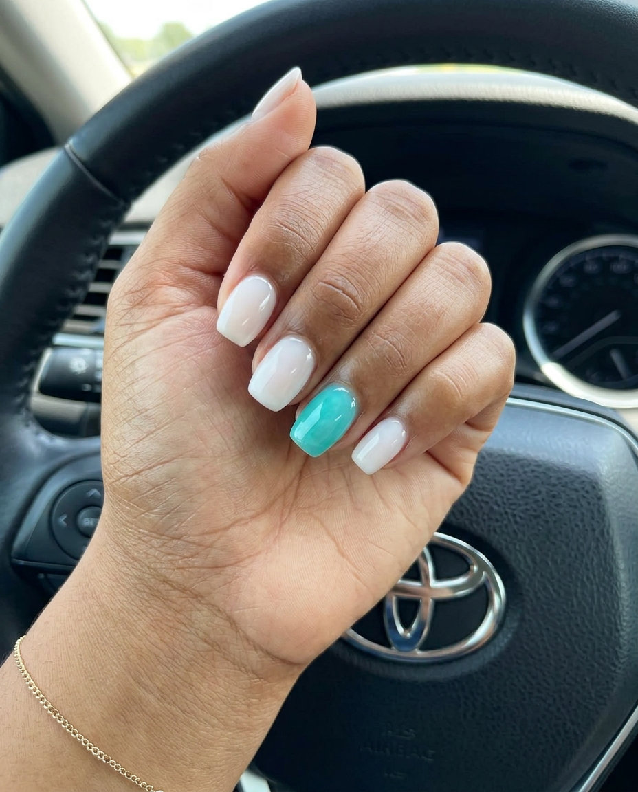 Aqua Jelly Accent Nails 2026: Festival Fun Playful aqua jelly accent nail for summer nails for brown skin tone 2026. Fun for festivals and casual hangouts.