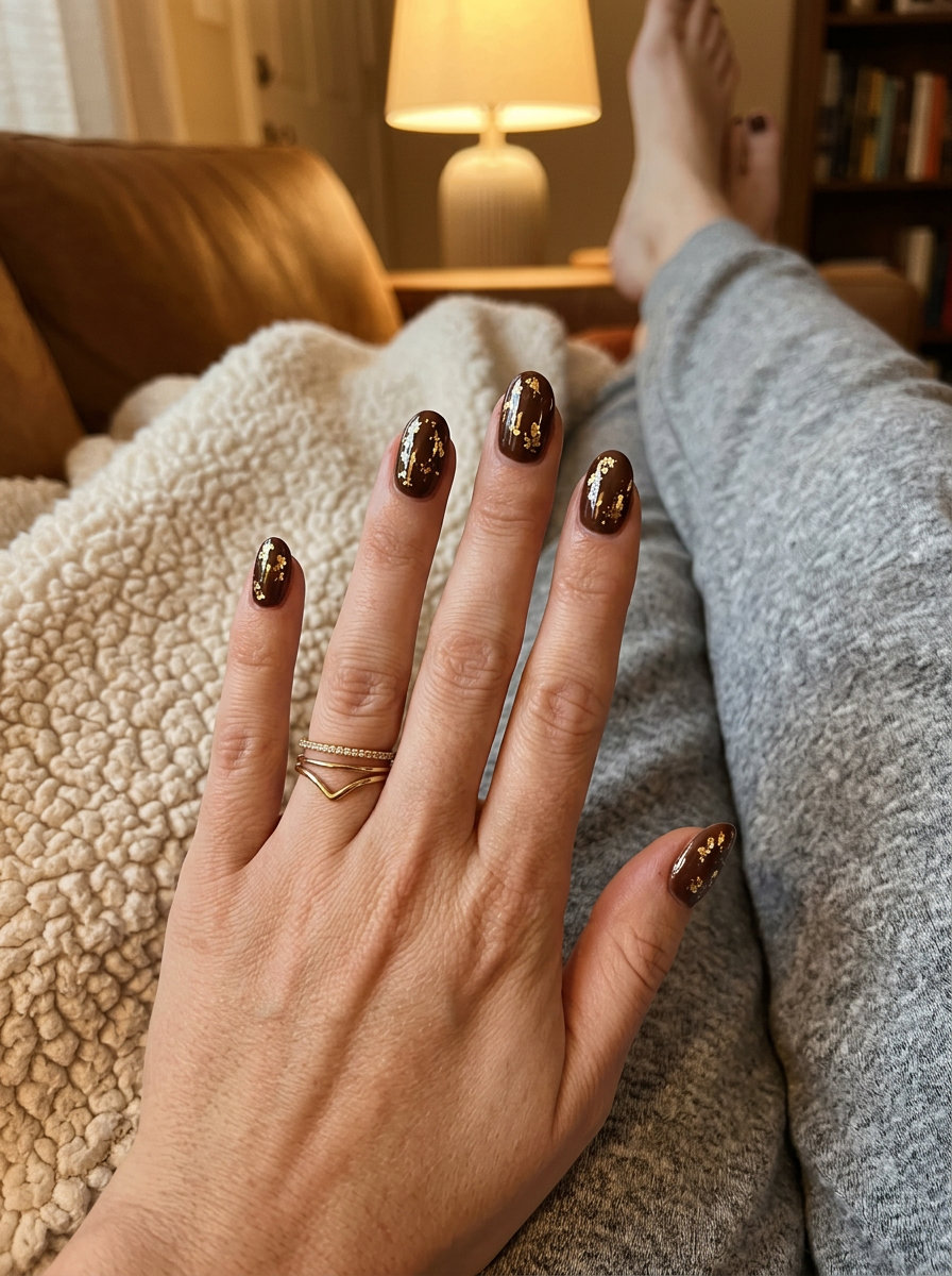 Chocolate Gold Leaf Nails 2026: Date Night Glam Glamorous chocolate brown nails with gold foil for summer nails for brown skin tone 2026. Perfect for date night.