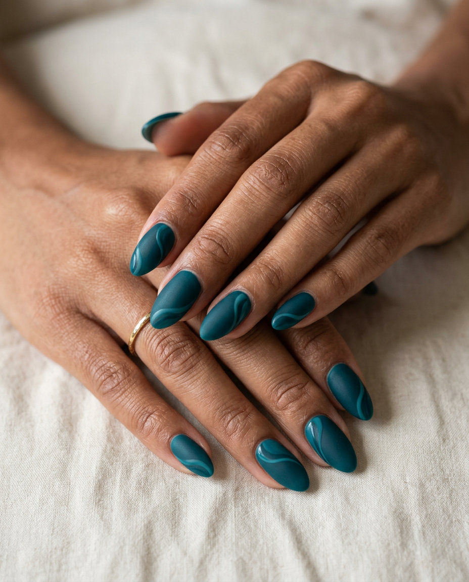 Deep Teal Velvet Swirls 2026: Artistic Sophistication Sophisticated deep teal velvet swirl nails for summer nails for brown skin tone 2026. Artistic for evening events.