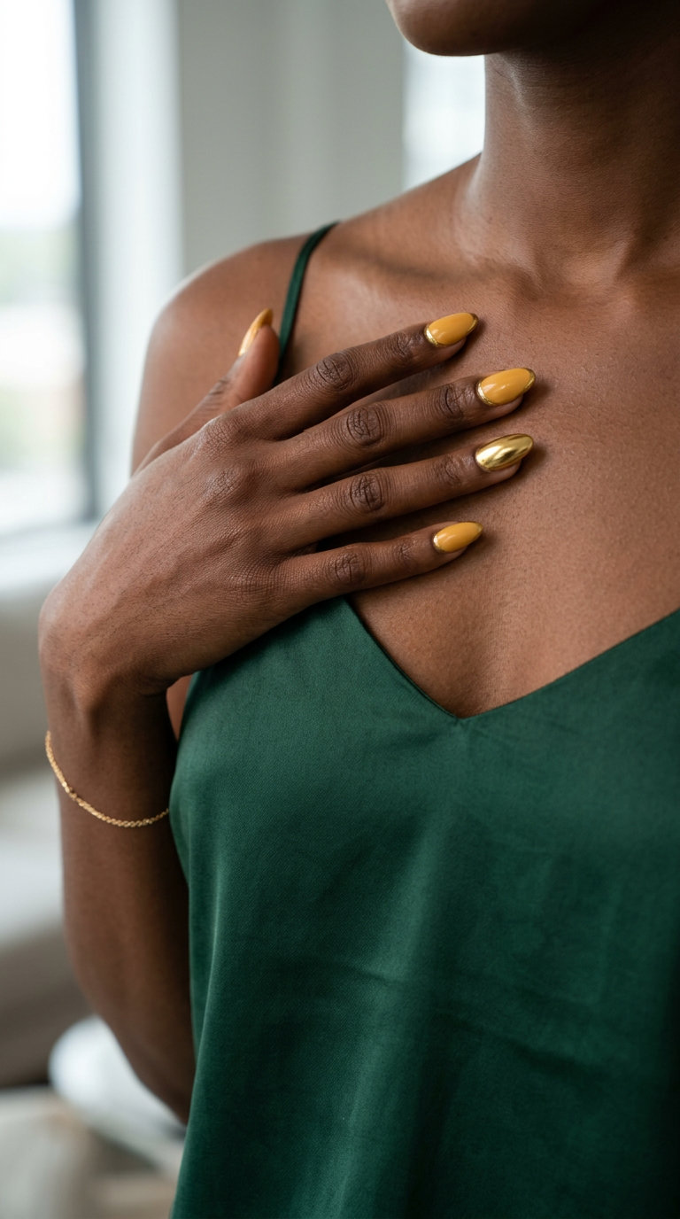 Ochre Sunstone Chrome Nails 2026: Vacation Glam Radiant ochre yellow nails with gold chrome accents for summer nails for brown skin tone 2026. Ideal for vacation.