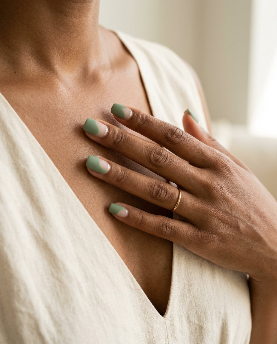Sage Bloom Negative Space Nails 2026: Casual Chic Minimalist sage green negative space nails for summer nails for brown skin tone 2026. Great for daily wear.