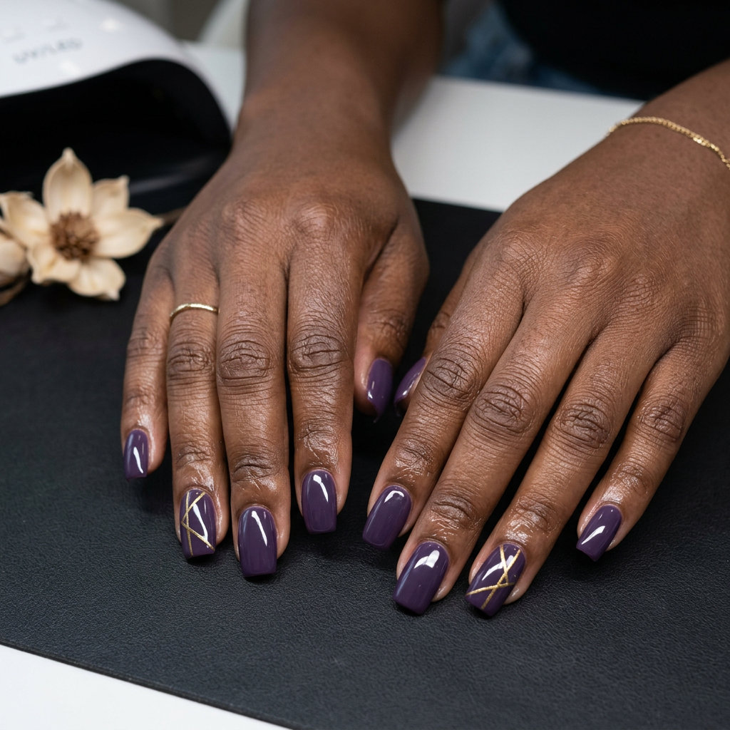 Deep Purple Geometric Line Nails 2026 Deep purple geometric lines nails for summer nails for dark skin 2026. Sophisticated date night or daily glam.
