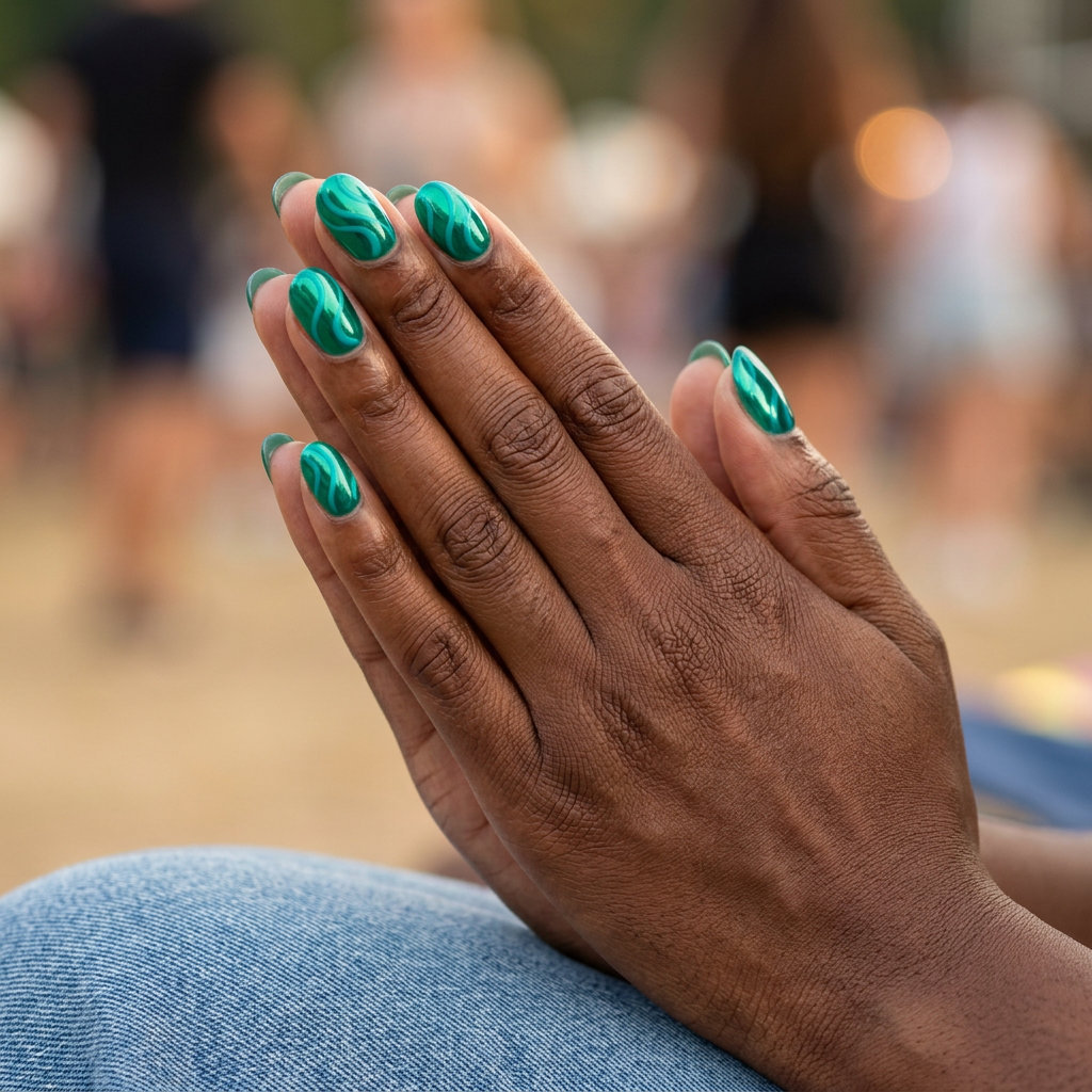 Emerald Teal Swirl Nails 2026 | Vibrant Festival Style Emerald and teal swirl nails for dark skin 2026. Vibrant and artistic for summer festivals and vacation.