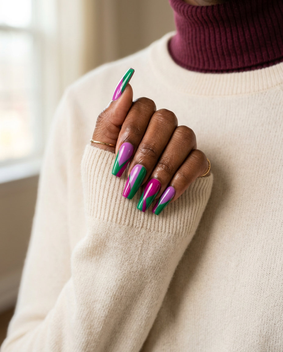 Fuchsia & Emerald Color Block Nails 2026 Fuchsia and emerald green color block nails for summer nails for dark skin 2026. Bold, playful festival look.
