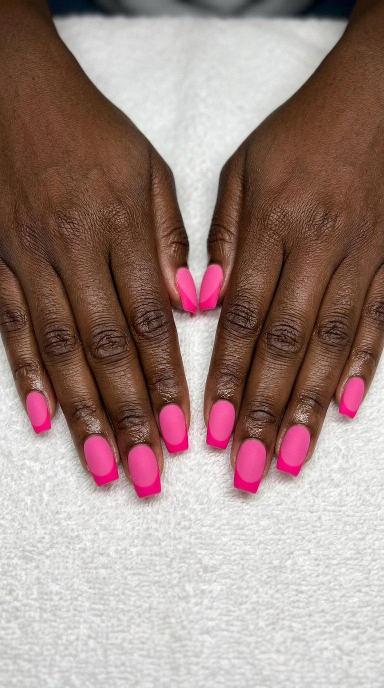 Hot Pink Matte French Nails 2026 Hot pink matte French tip nails for summer nails for dark skin 2026. Bold vacation and festival style.