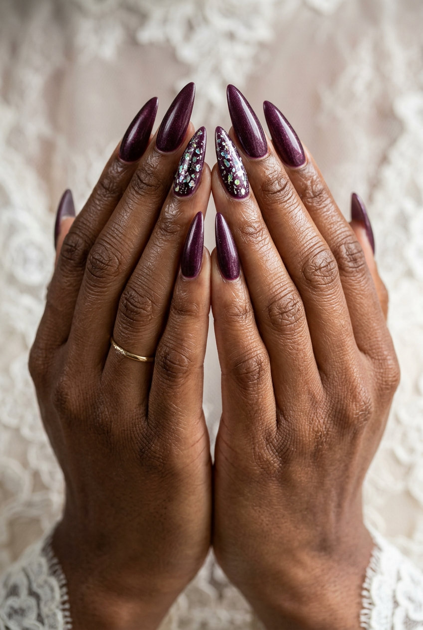 Plum Shimmer Chrome Flake Nails 2026 Plum shimmer accent with chrome flakes nails for summer nails for dark skin 2026. Sultry cocktail hour look.