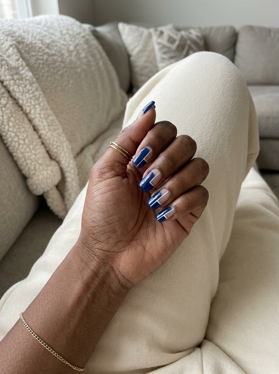 Sapphire Blue Negative Space Nails 2026 Sapphire blue negative space nails for summer nails for dark skin 2026. Minimalist daily or work style.