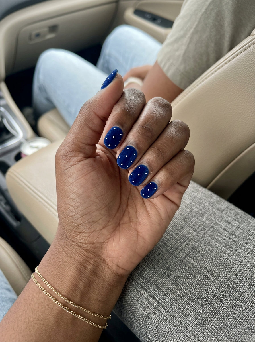 Sapphire Velvet Dot Nails 2026 Sapphire velvet dots nails for summer nails for dark skin 2026. Whimsical date night or casual summer look.