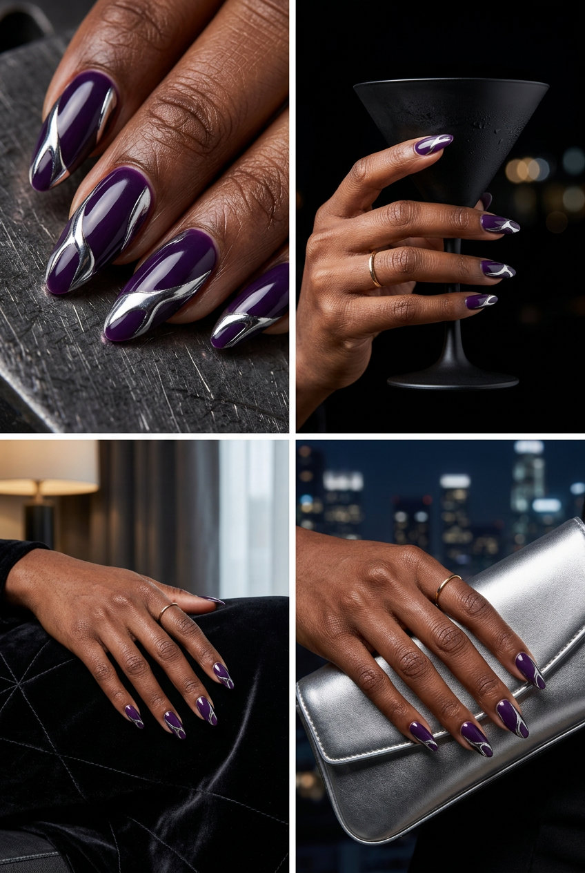 Deep Purple Chrome Accent Nails 2026 Deep Purple Chrome Accents nails for dark skin 2026: Edgy deep purple with futuristic silver chrome details.
