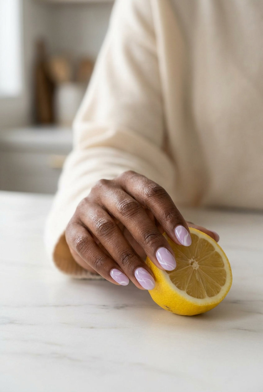 Deep Purple Milk Bath Swirl Nails 2026 Deep Purple Milk Bath Swirls nails for dark skin 2026: Romantic pastel purple with dreamy white swirls.
