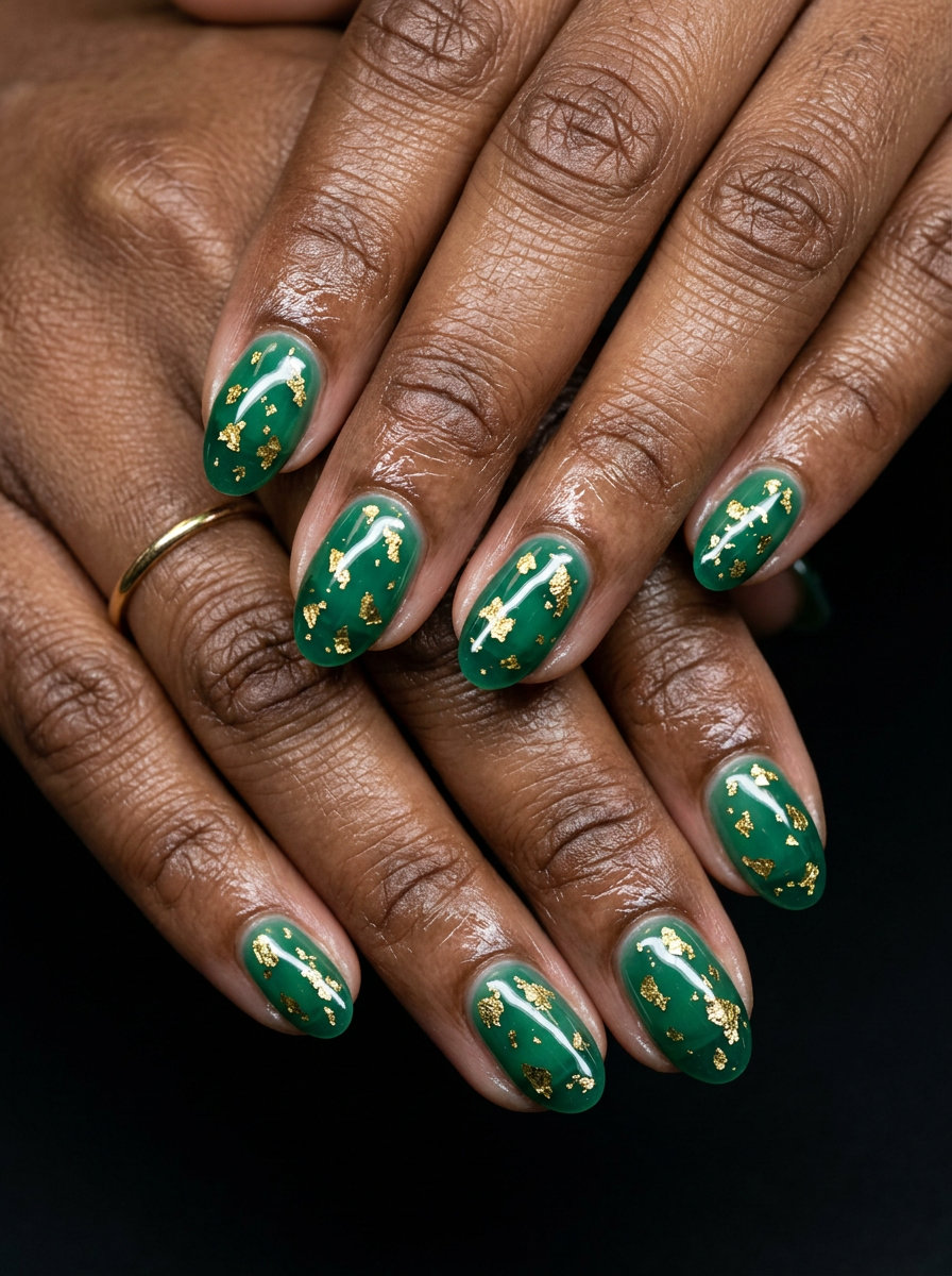 Emerald Gold Foil Flake Nails 2026 Emerald and Gold Foil Flakes nails for dark skin 2026: Luxurious sheer green with radiant gold foil.