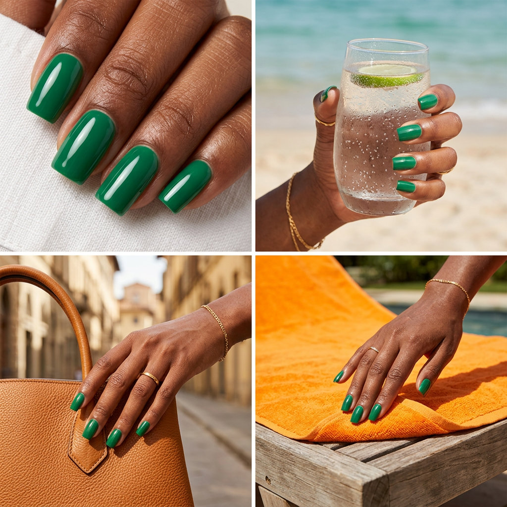 Emerald Green Glossy Nails 2026 Emerald Green Solid Glossy nails for dark skin, perfect for summer events in 2026.