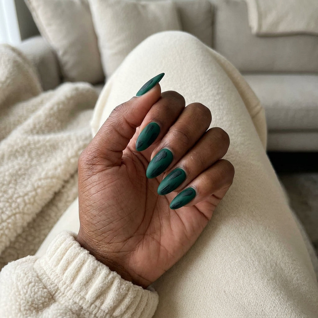 Emerald Green Abstract Nails 2026 Emerald Green Textured Abstract nails for dark skin 2026: Edgy deep green matte with textured black abstract art.