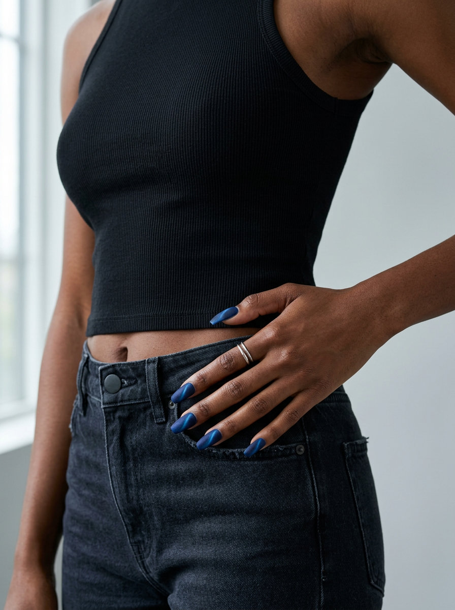 Sapphire Velvet Cat-Eye Nails 2026 Sapphire Velvet Cat-Eye nails for dark skin 2026: Glamorous deep blue velvet matte with iridescent cat-eye shift.
