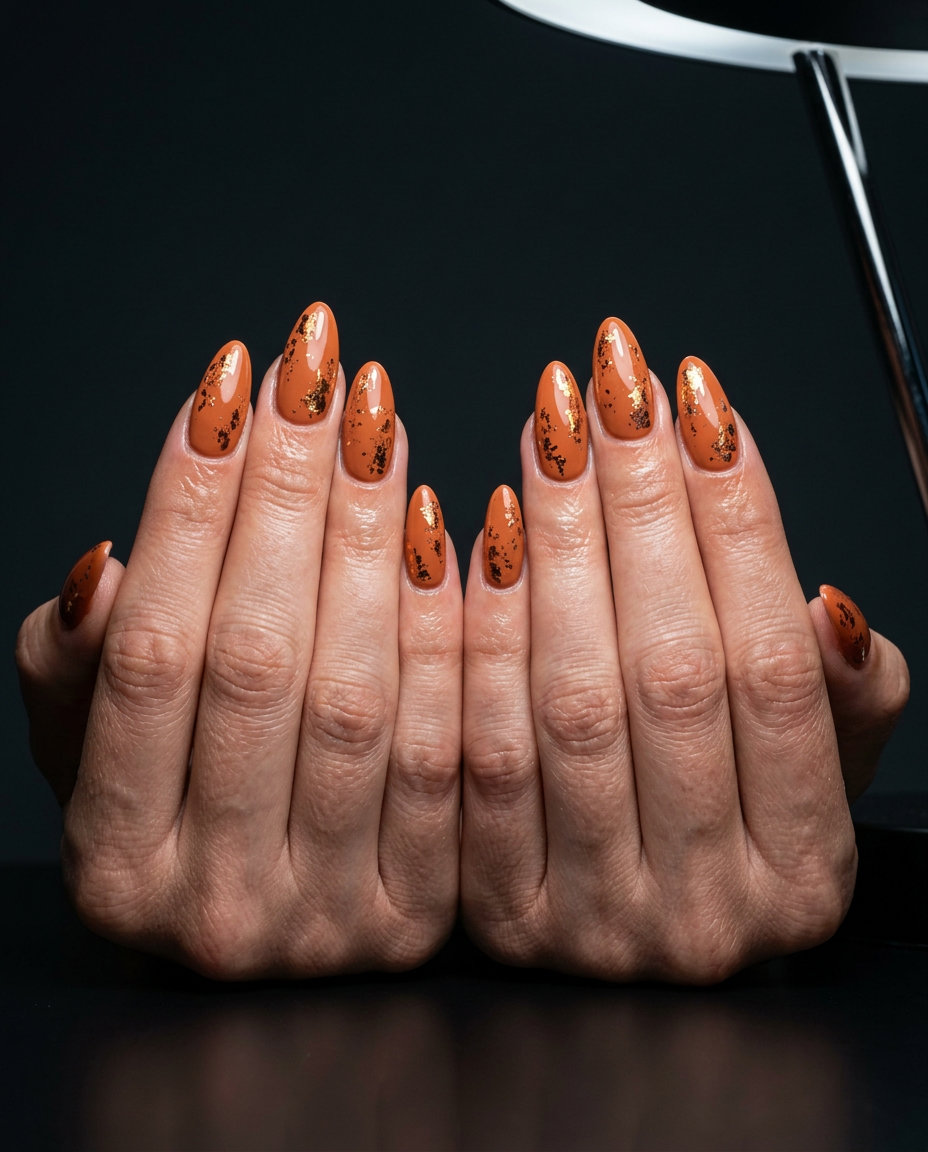 Terracotta Foil Flake Nails 2026 Terracotta Orange Foil Flakes nails for dark skin 2026: Earthy terracotta with shimmering gold and bronze foil.