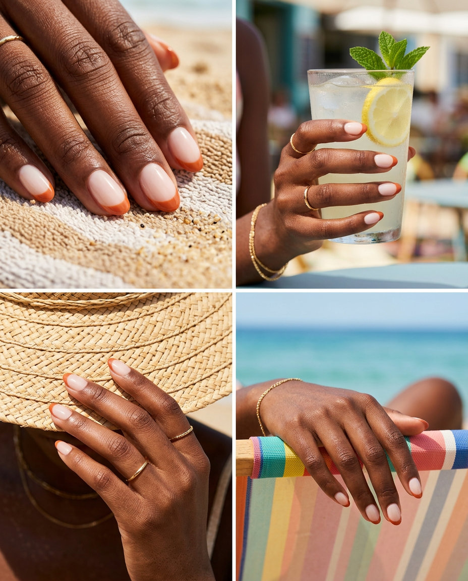 Terracotta French Tip Nails 2026 Terracotta Orange French Tips nails for dark skin 2026: Retro chic milky nude with warm terracotta tips.