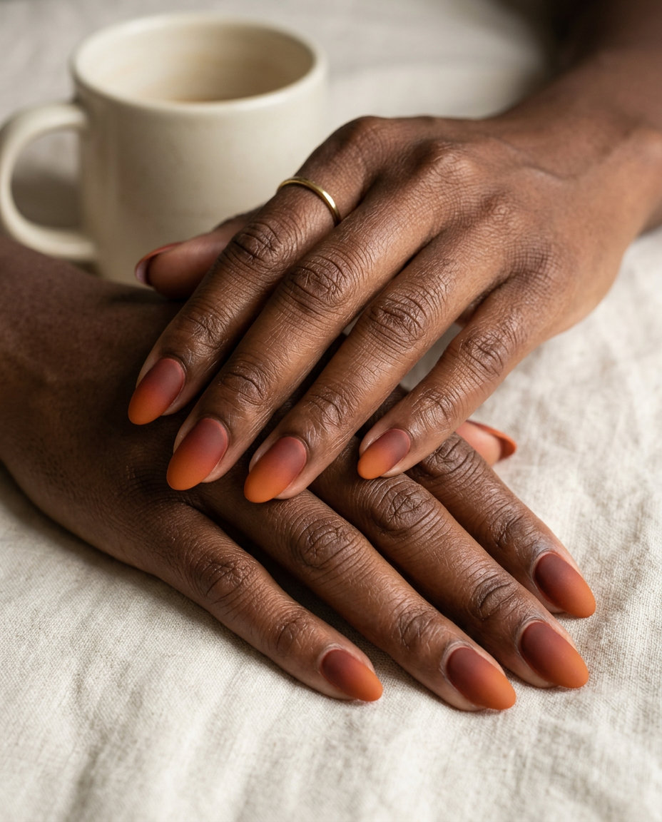 Terracotta Matte Ombre Nails 2026 Terracotta Matte Ombre nails for dark skin 2026: Earthy terracotta to burnt orange gradient with matte finish.