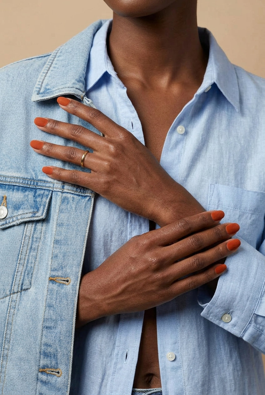 Terracotta Velvet Nails 2026 Terracotta Velvet Solid nails for dark skin, perfect for daily wear in 2026.