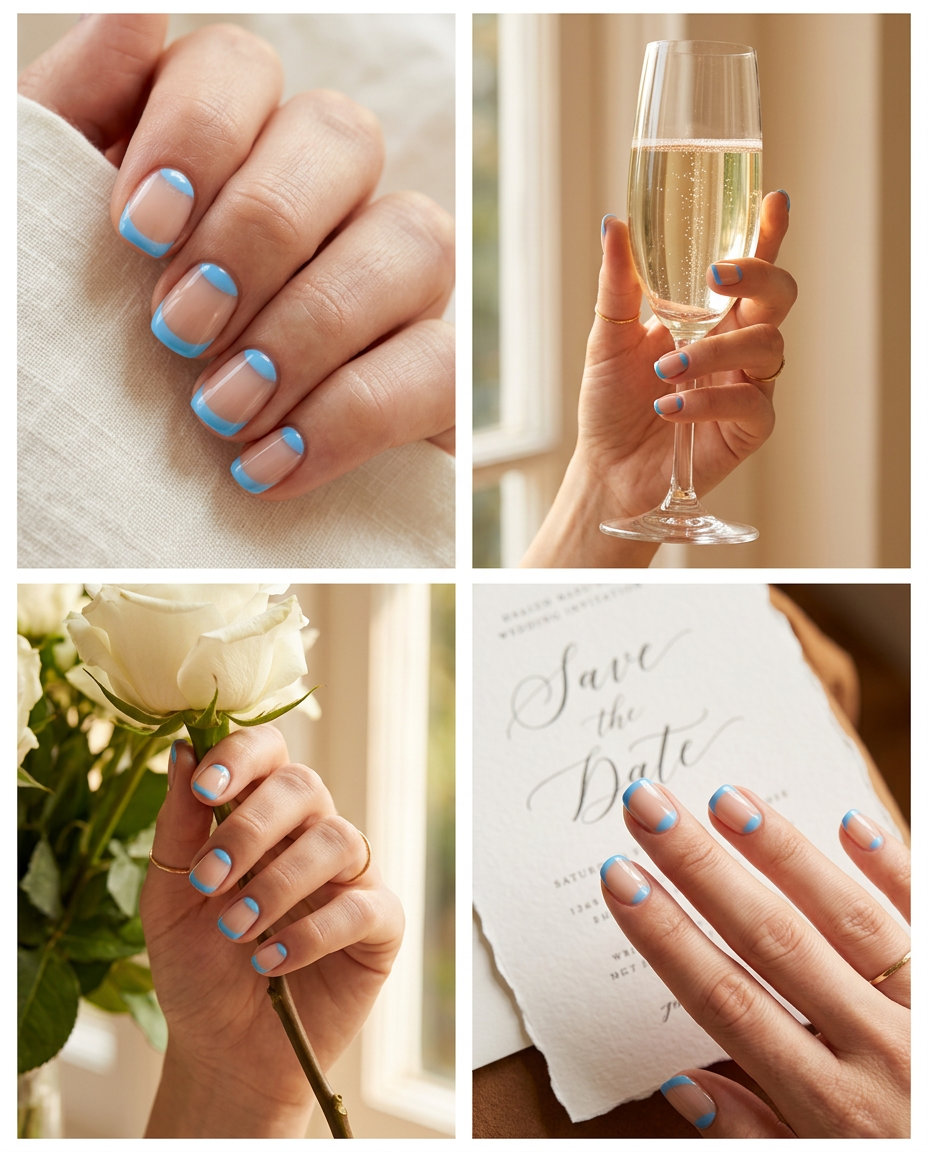 Chic Baby Blue Crescent French 2026 Baby blue crescent French nails for summer 2026, playful vacation look with sheer nude and vibrant baby blue.