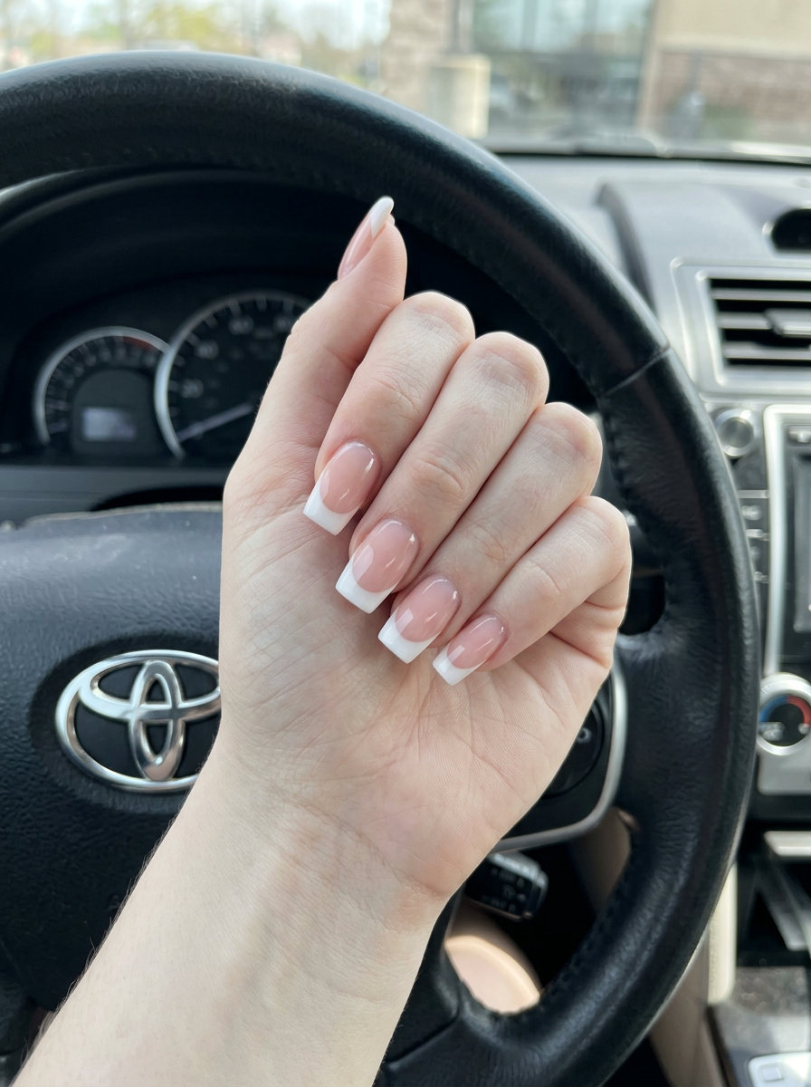 Classic Milky Square French Nails 2026 Classic milky square French nails for summer 2026, polished wedding guest look with nude base and opaque white tips.