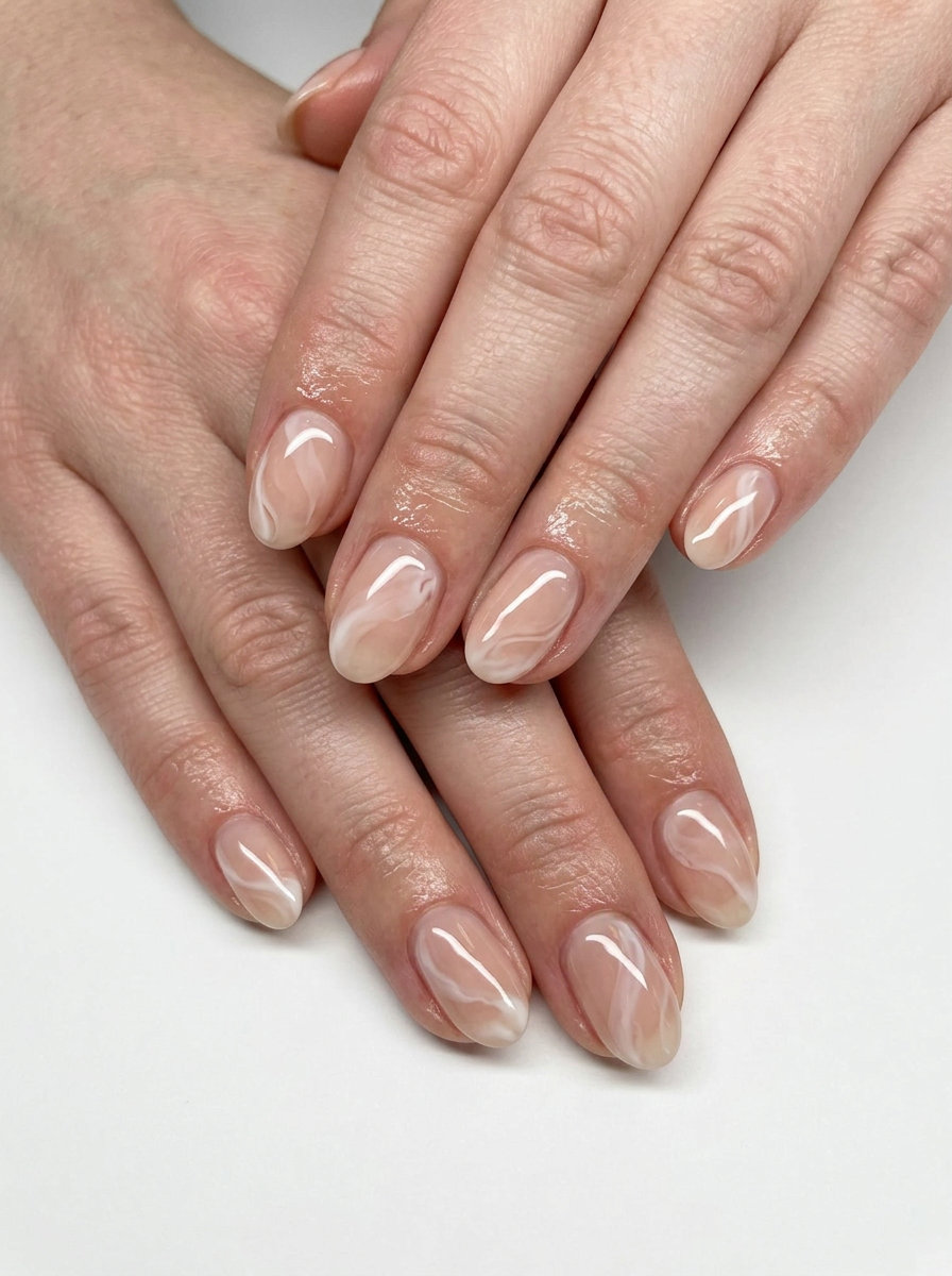 Artistic Cloudy Marble Almond Nails 2026 Cloudy marble sheer almond nails for summer 2026, sophisticated work look with nude base and milky white veining.