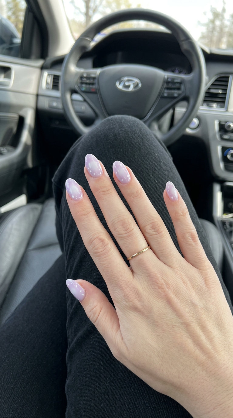 Lavender Aura Dot Bloom Nails 2026 Lavender aura dot bloom nails for summer 2026, whimsical party nails for pale skin. Dreamy and playful.