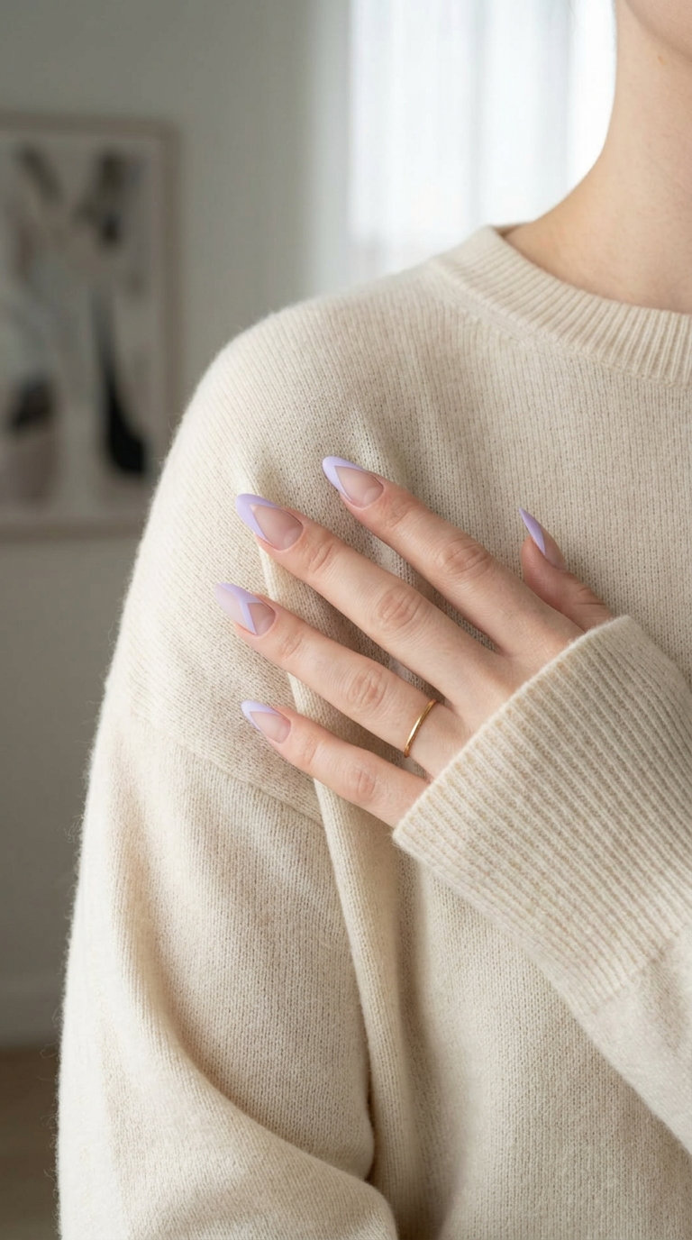 Minimalist Lavender Geometry Nails 2026 Lavender line geometry almond nails for summer 2026, minimalist work-appropriate look with pale lavender on natural base.