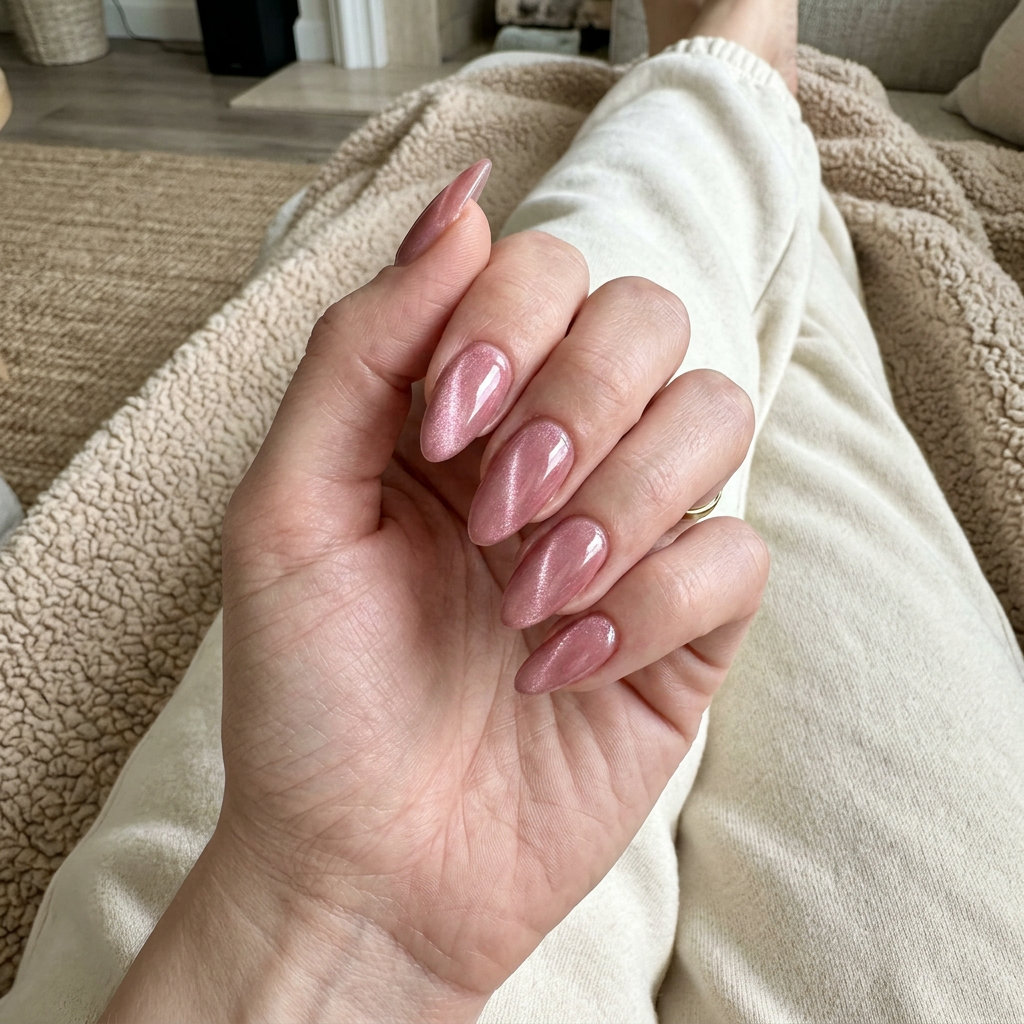 Glamorous Rosewater Cat-Eye 2026 Rosewater cat-eye glow nails for summer 2026, glamorous date night look with magnetic pink-gold shift.