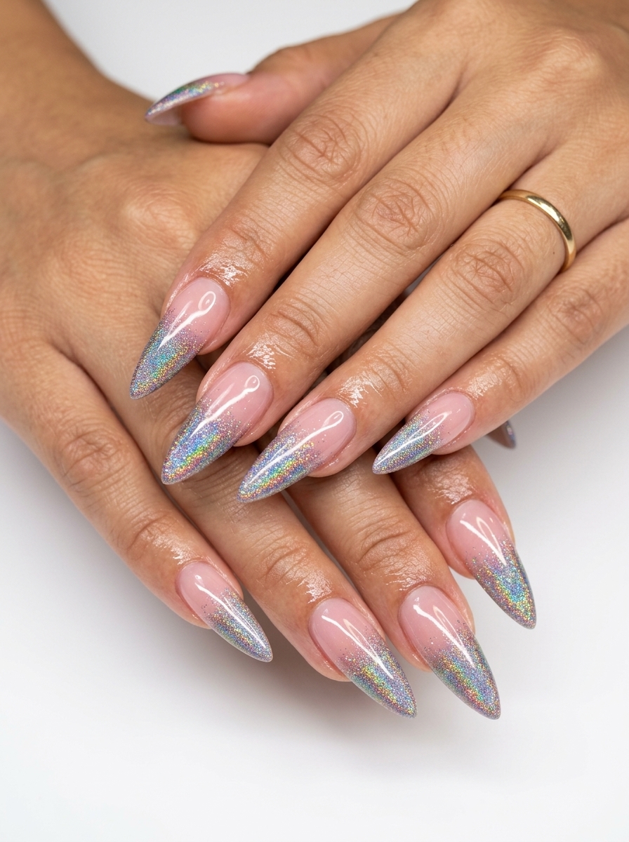 Glamorous cosmic glitter French stiletto nails for summer nails french manicure 2026. Dazzling party style.