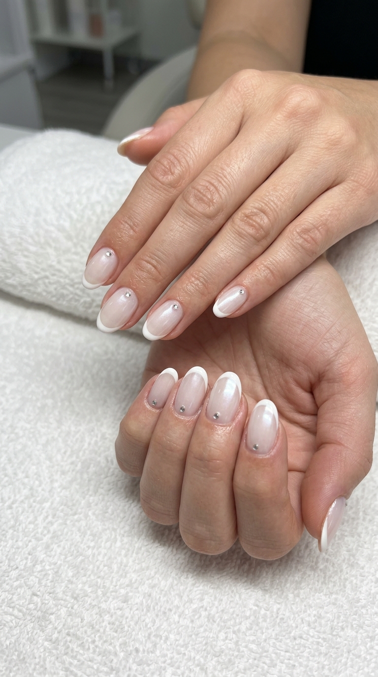 Crystal Dew French with Rhinestones: Romantic sheer white French manicure with tiny clear rhinestones for special events.