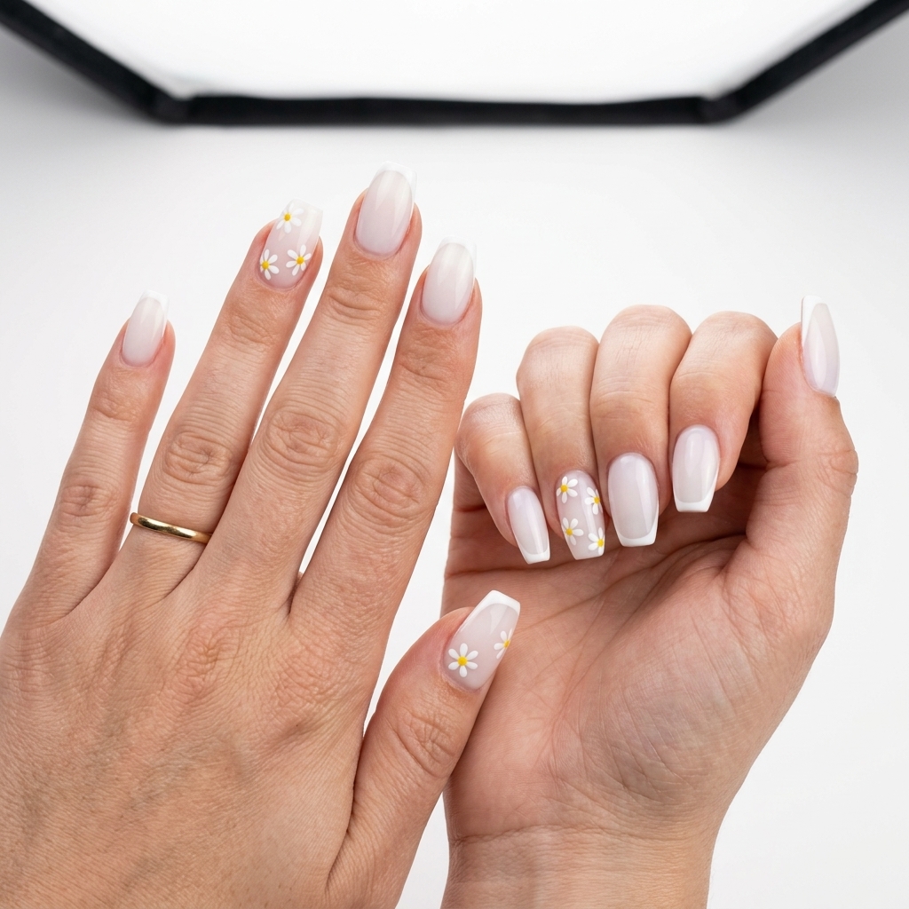 Whimsical white daisy micro French coffin nails for summer nails french manicure 2026. Feminine festival style.