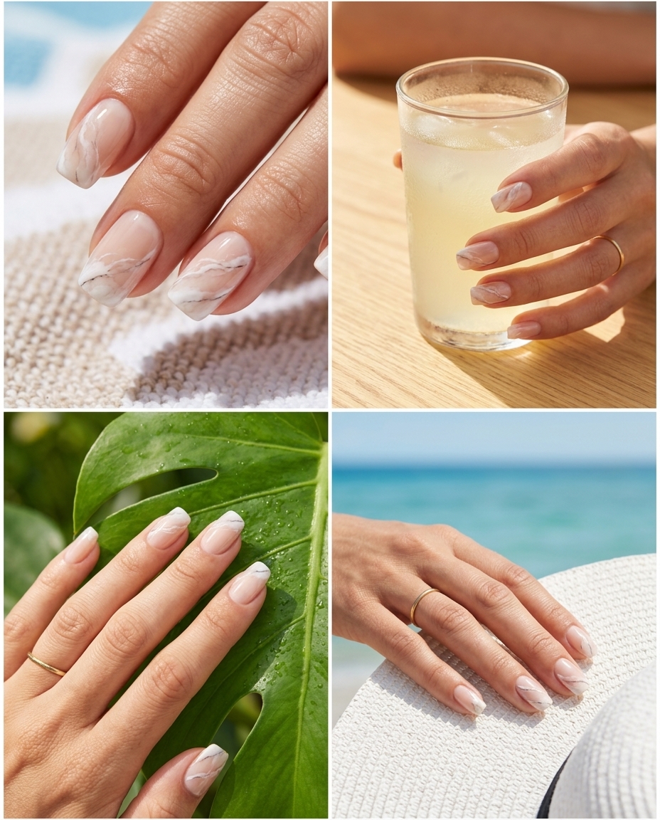 Elegant creamy nude marble effect French tip nails for summer nails french manicure 2026. Sophisticated event style.