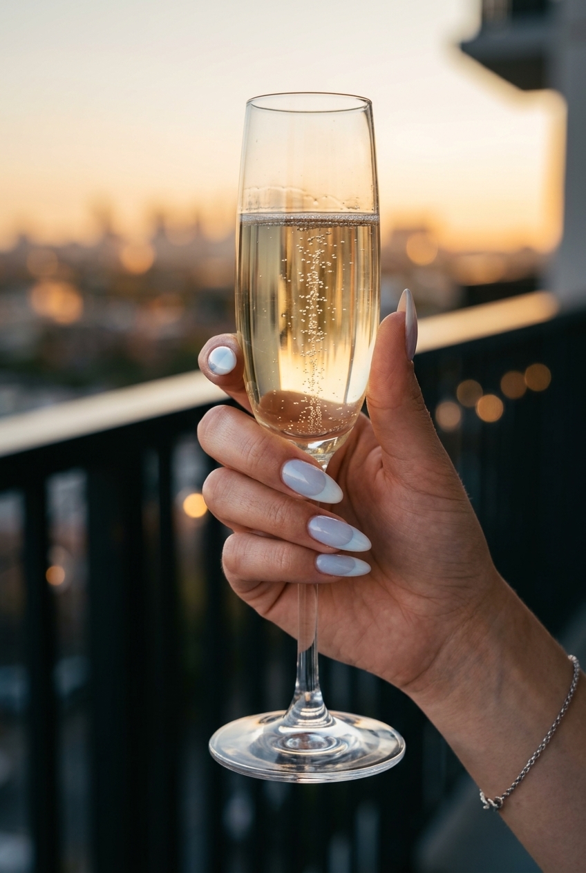 Milky baby blue French manicure with soft white diffused tips for summer nails french manicure 2026. Vacation style.