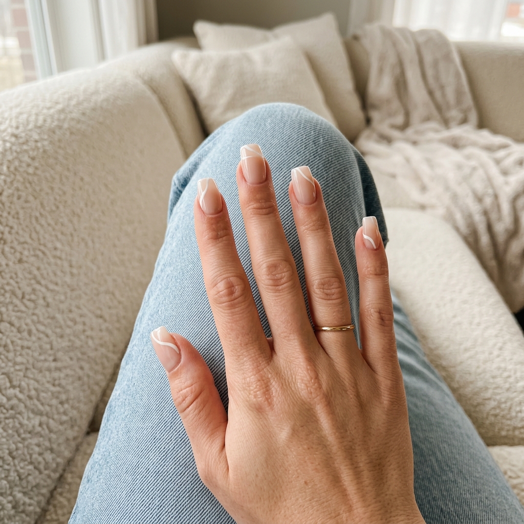 Chic nude abstract lines French manicure for summer nails french manicure 2026. Minimalist work-appropriate style.
