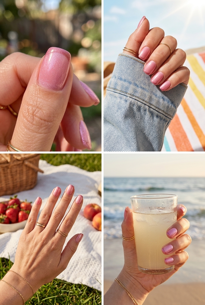 Shimmering Pink French Accent: Feminine nude nails with a subtle shimmering rose-pink French tip on the ring finger.