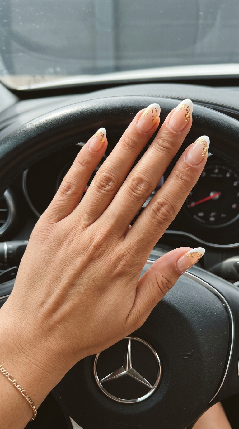 Gilded Summer French: Chic nude nails with white French tips and scattered gold foil for parties.
