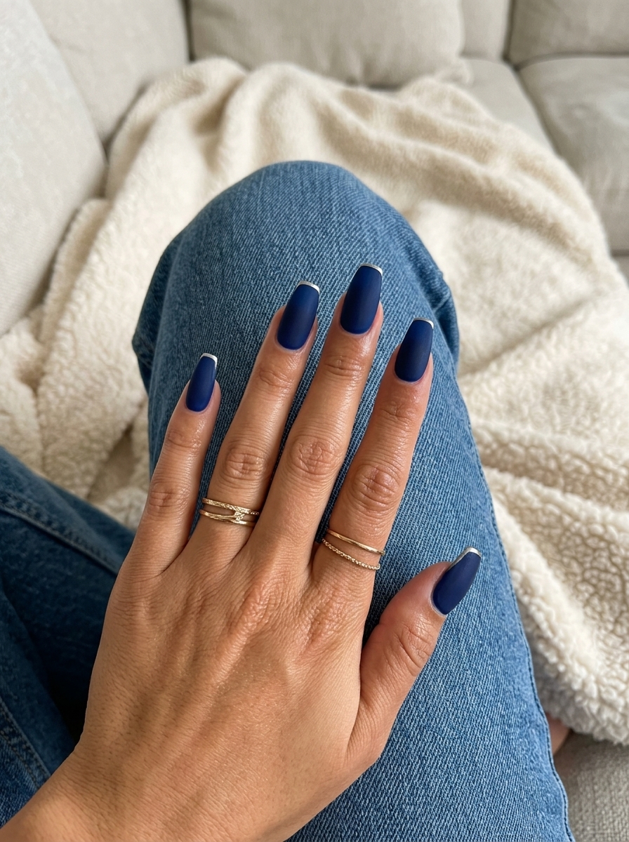 Midnight Velvet Silver Micro French: Navy blue velvet matte nails with shimmering silver French tips for date night.