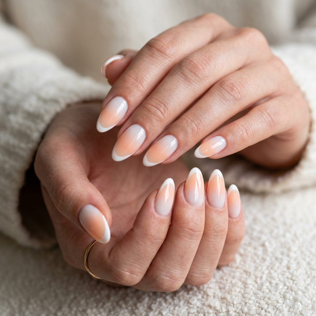 Peach Dream Milky French: Romantic milky white nails with soft peach ombre and French tips for weddings.